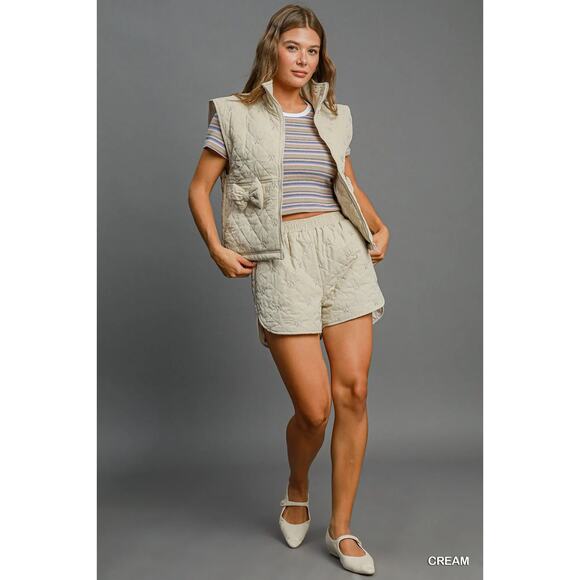 Umgee Diamond Pattern Bow Details Sleeveless Zipper Quilted Vest Jacket | Cream - Picture 5 of 6
